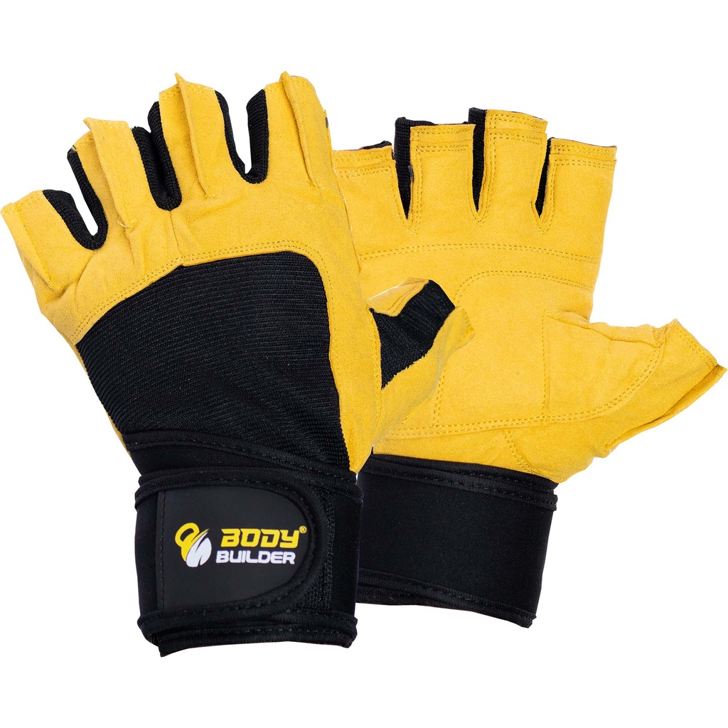 Body Builder Wrist Support Gloves, L, Black & Yellow