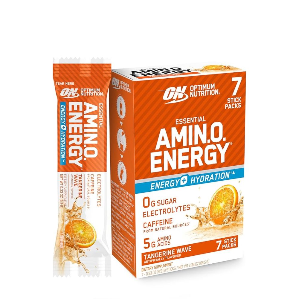 Optimum Nutrition Essential Amino Energy Plus Electrolytes Stick, Tangerine Wave, 7 Packs