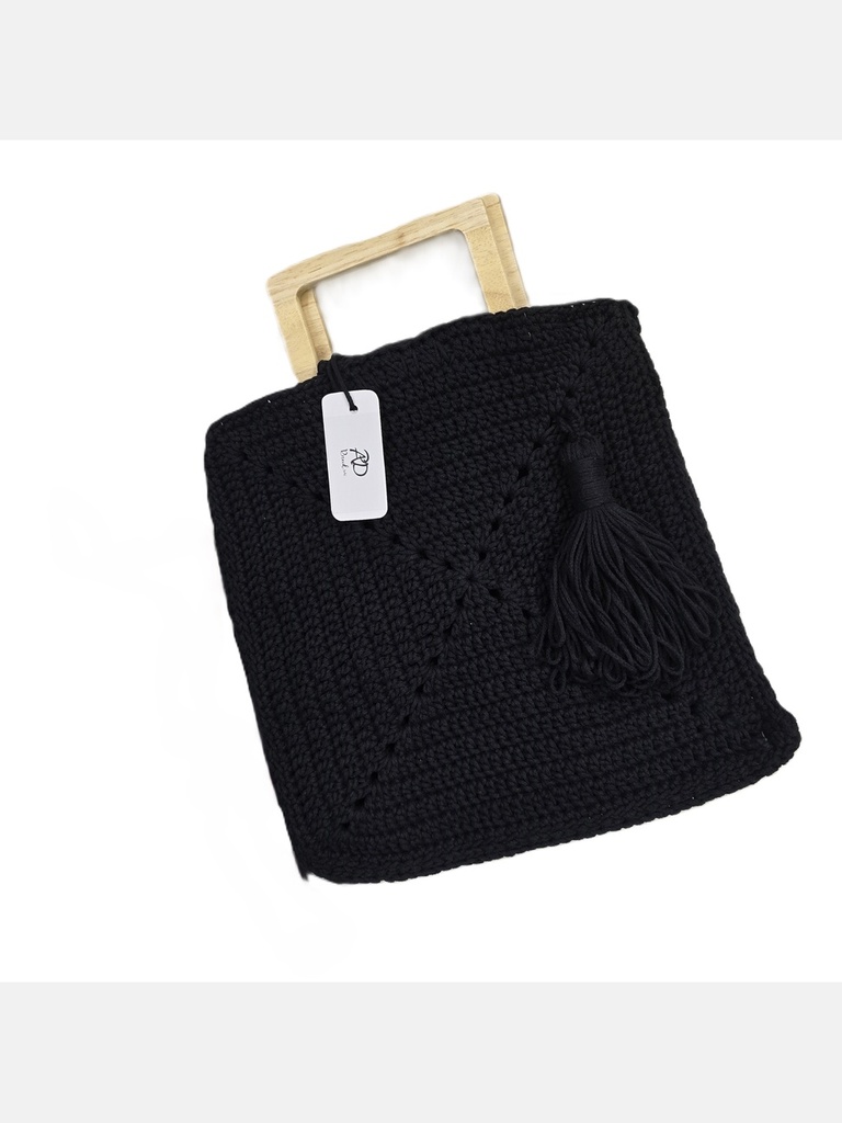 Black Crochet Tote Top Wooden Handle Handbag