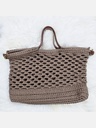 Tan Crochet Handbag with Lattice Design and Brown Leather Handles