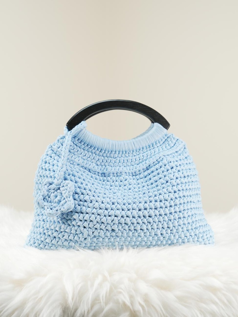 Sky Blue Crochet Handbag with Black Wooden Handles and Tassel Accent