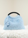 Sky Blue Crochet Handbag with Black Wooden Handles and Tassel Accent