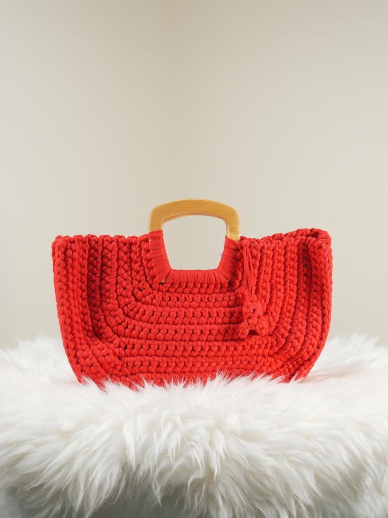 Red Wave Crochet Handbag with Wooden Handles