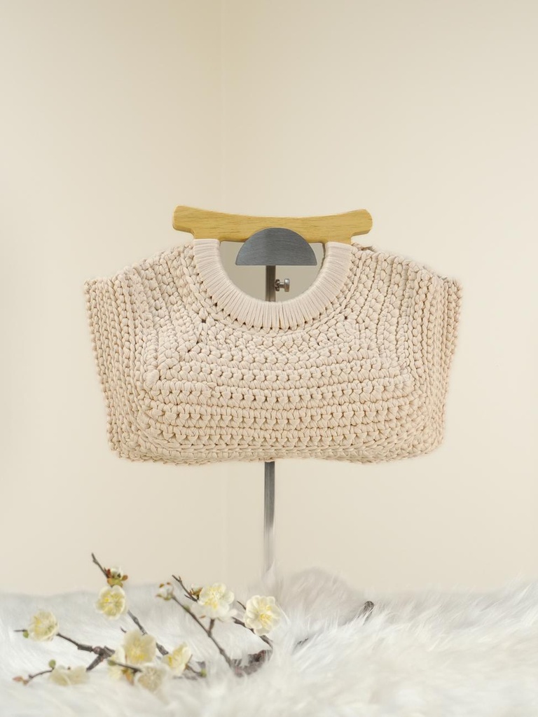 Beige Bag with Wooden Handle D Shape