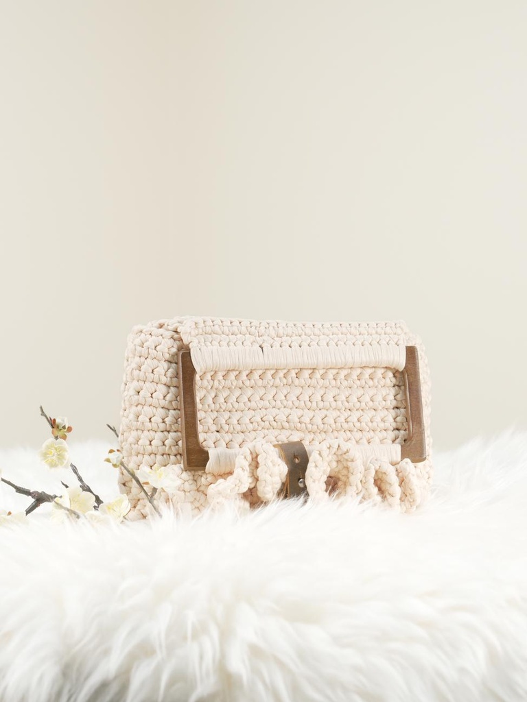Beige Clutch with Wooden Frame and Leather Lock