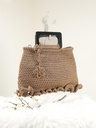 Brown Crochet Handbag with Flower Details, Ruffled Edge, and Black Square Handle
