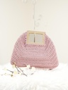 Light Pink Crochet Handbag with Wooden Square Handle and Geometric Design