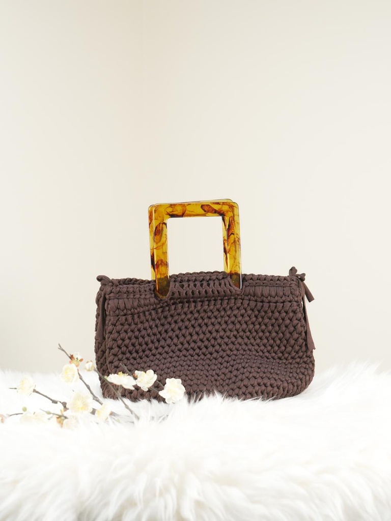 Brown Crochet Handbag with Amber Acrylic Handles and Side Ties