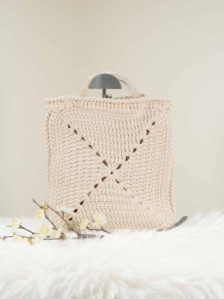 Cream Crochet Handbag with Cross Pattern and Marble-like Handle