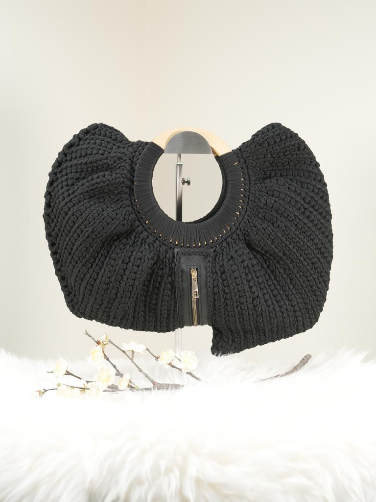 Black Crochet Handbag with Ruffled Design, Wooden Handle, and Zipper Closure