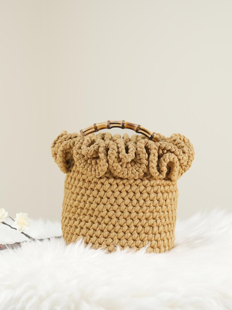 Brown Crochet Handbag with Ruffled Top and Bamboo Handle