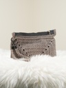 Gray Crochet Handbag with Leather Zip Closure, Decorative Zipper Pull, and Crochet Handle