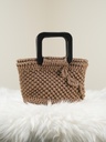 Tan Crochet Handbag with Black Square Acrylic Handle and Handcrafted Knot Accent