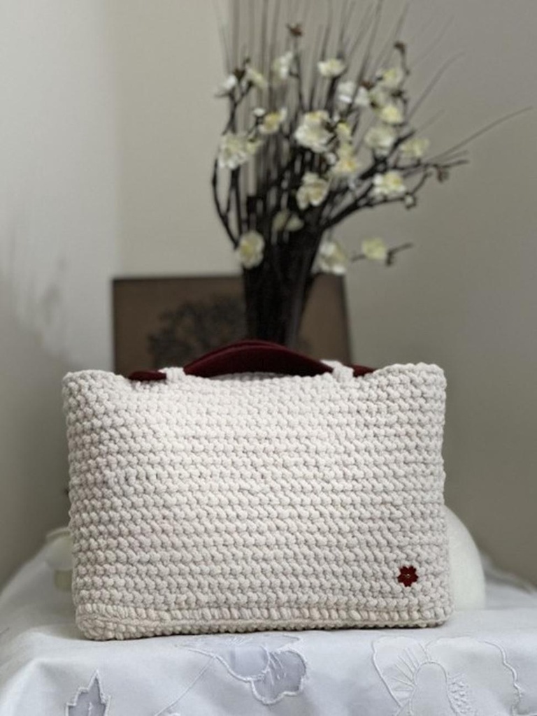 Cream Crochet Handbag with Red Leather Handles and Flower Detail