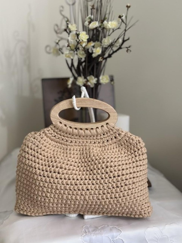 Beige Handcrafted Crochet Bag with Wooden Handle