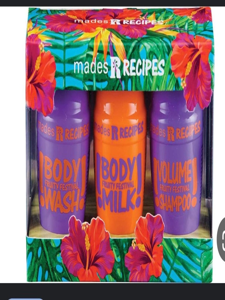 Three products for body and hair care with fruity scents.
