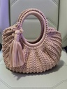 Pleated Crochet Handbag with Round Handles and Tassel