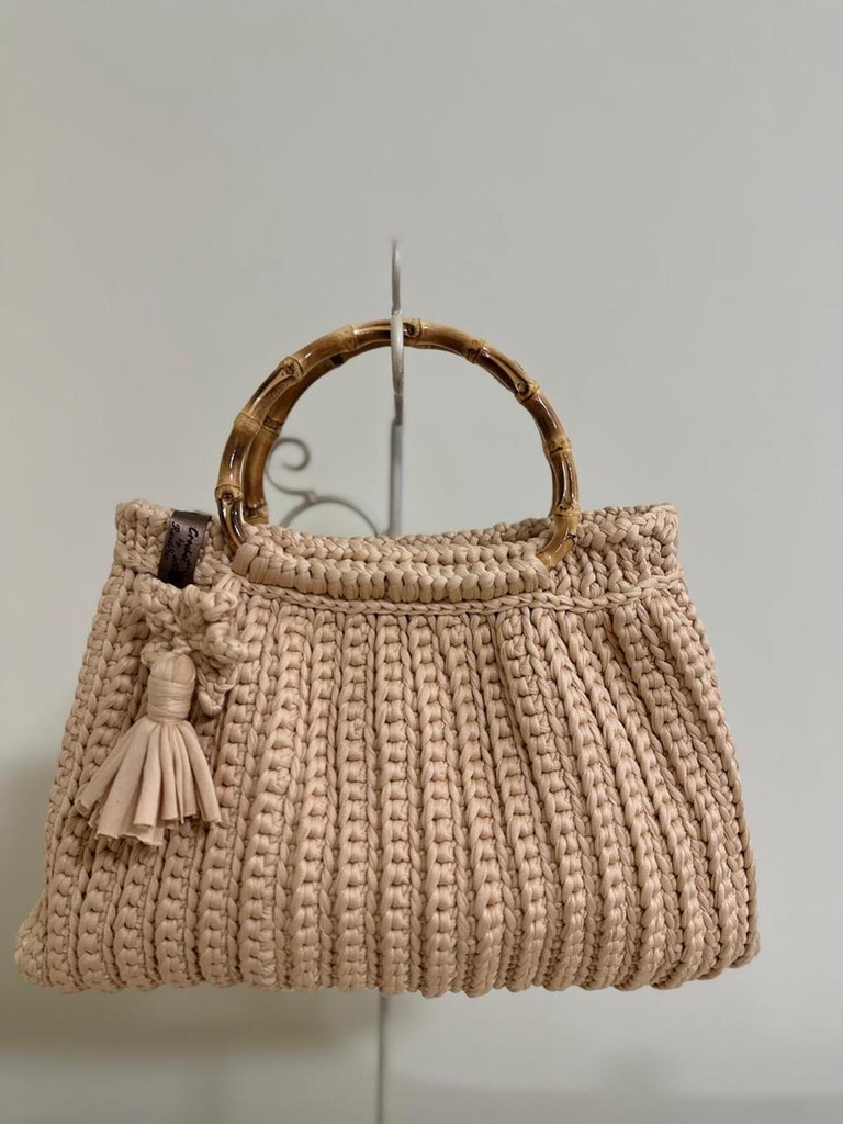 Beige Crochet Handbag with Bamboo Handle – Handmade with Tassel Detail