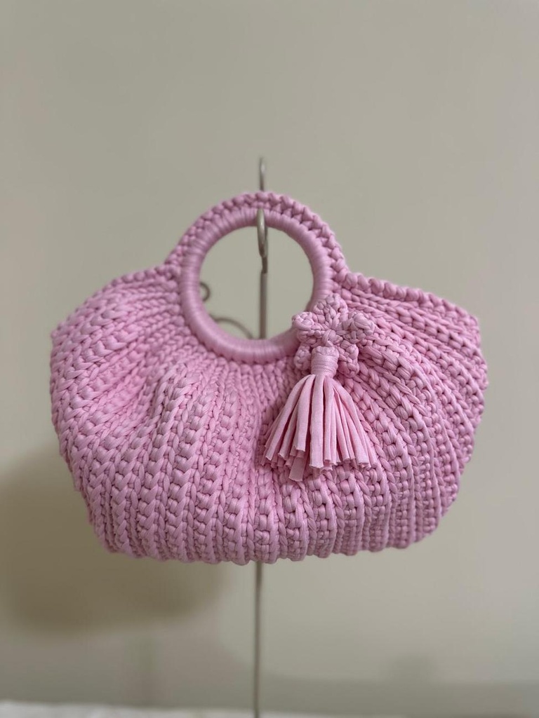 Light Pink Round Crochet Handbag – Circular Handle with Handmade Tassel
