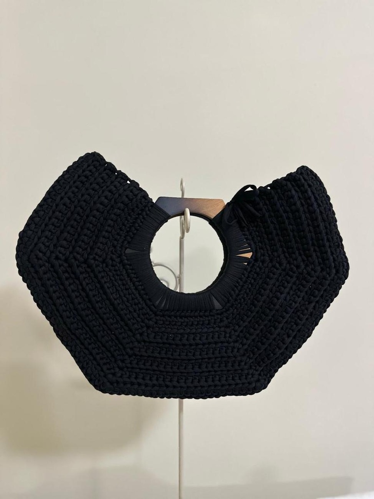 Black Geometric Crochet Handbag – Handmade Hexagonal Design with Wooden Handles