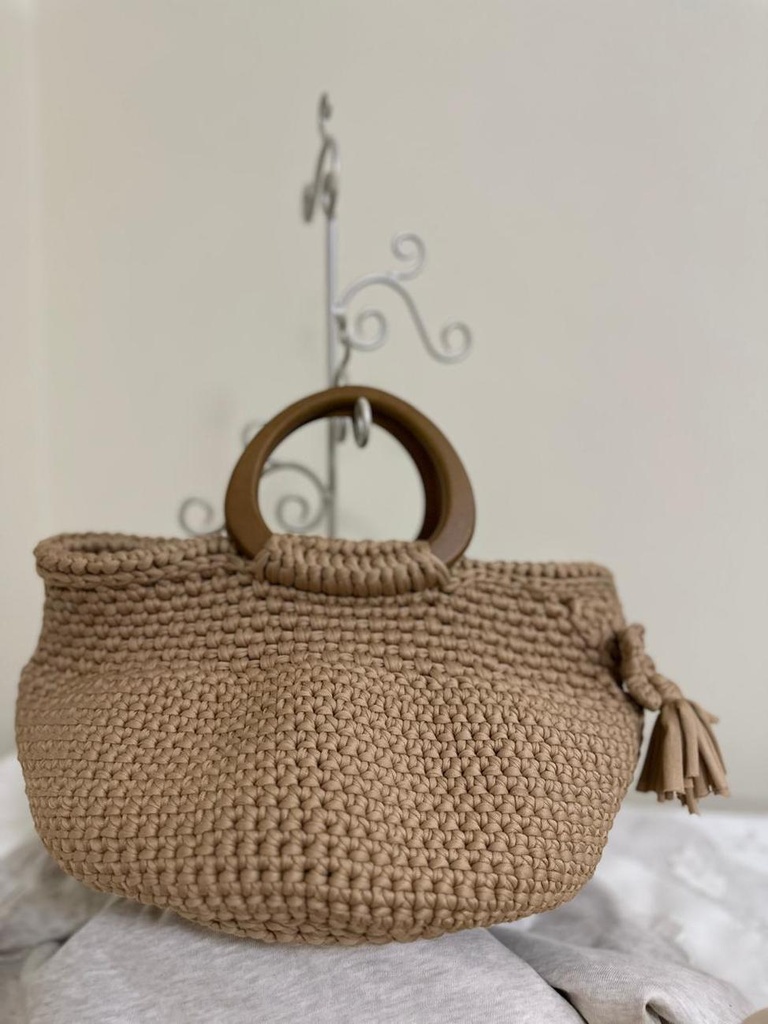 Camel Brown Crochet Handbag – Round Wooden Handles with Handmade Tassel
