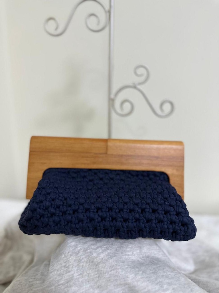 Navy Crochet Clutch Bag – Wooden Frame Minimalist Design