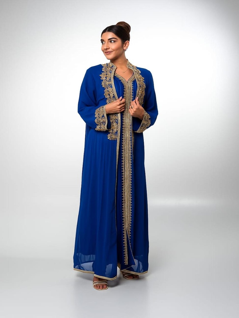 Shiny satin caftan with luxurious Turkish-inspired handmade embroidery