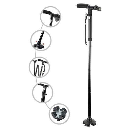 Optitect Walking Stick With LED Light, Black, 1 Piece