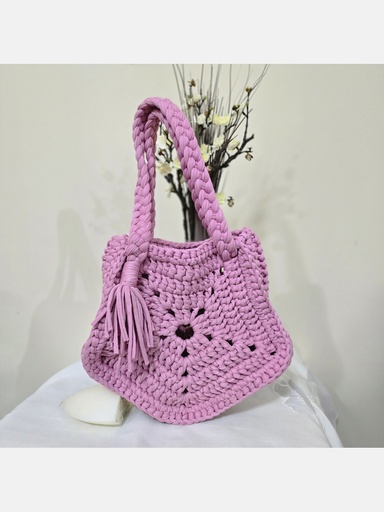 Lilac Flower-Shaped Crochet Bag with Braided Straps and Tassel