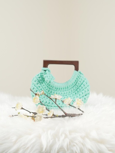Aqua Blue Crochet Handbag with Wooden Handle and Flower Detail