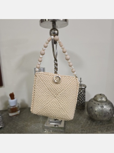 Beige Crochet Handbag with Beaded Handle and Button Closure