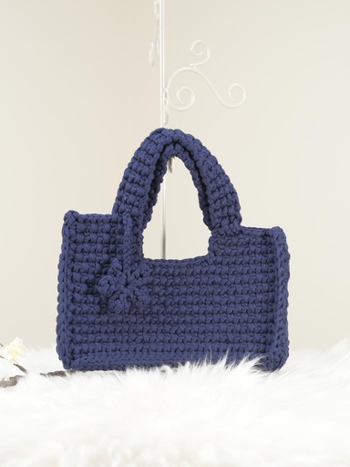 Navy Blue Crochet Handbag with Flower Detailing on Handle