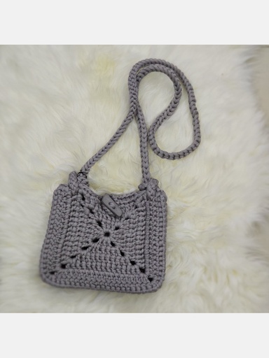 Gray Crochet Mini Handbag with Button Closure