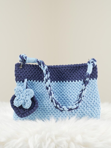 Blue and Navy Two-Tone Crochet Handbag with Flower Detail and Braided Handle
