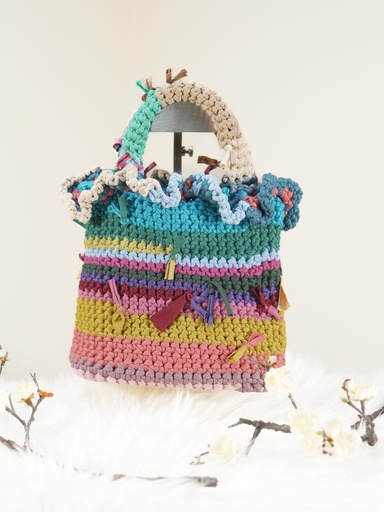 Multi-Color Crochet Handbag with Tassel Details and Striped Design
