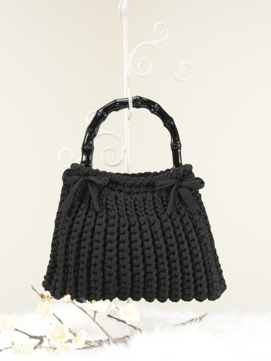Black Pleated Crochet Handbag with Bows and Bamboo-Style Handles