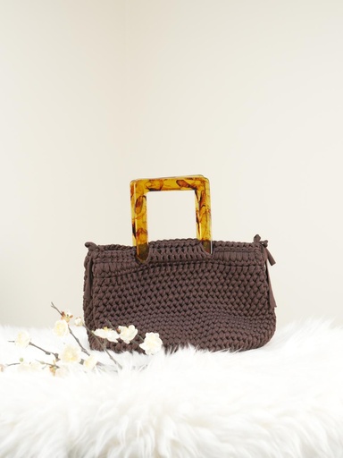 Brown Crochet Handbag with Amber Acrylic Handles and Side Ties