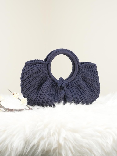 Navy Blue Crochet Handbag with Pleated Design and Round Handle