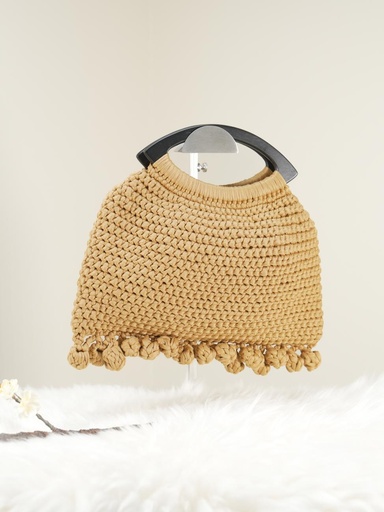 Tan Crochet Handbag with Pom-pom Design and Black Handle
