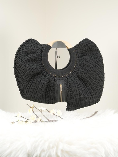 Black Crochet Handbag with Ruffled Design, Wooden Handle, and Zipper Closure
