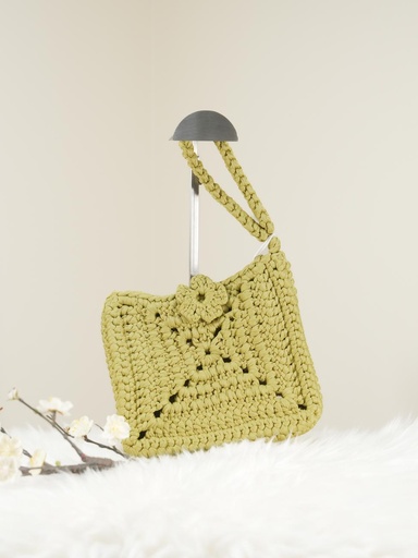 Olive Green Crochet Handbag with Floral Knot Detail and Strap