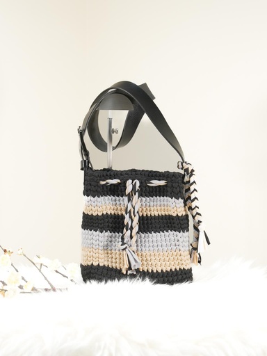 Striped Crochet Handbag with Braided Tassels and Leather Strap