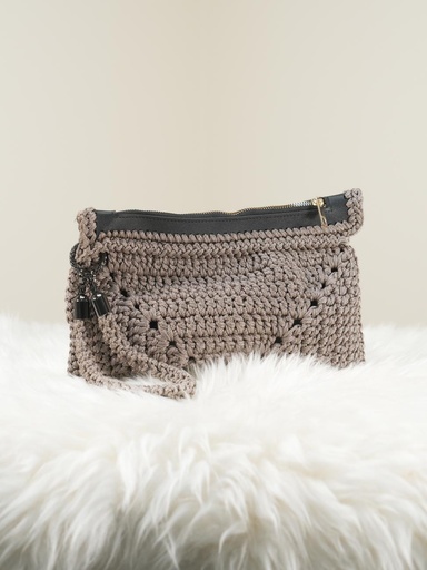 Gray Crochet Handbag with Leather Zip Closure, Decorative Zipper Pull, and Crochet Handle