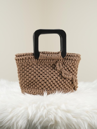 Tan Crochet Handbag with Black Square Acrylic Handle and Handcrafted Knot Accent