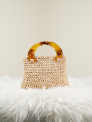 Beige Crochet Handbag with Amber Acrylic Handle