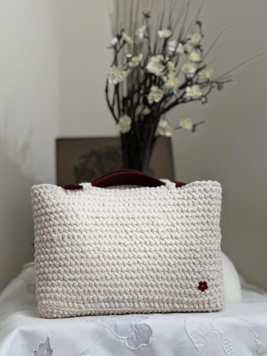 Cream Crochet Handbag with Red Leather Handles and Flower Detail
