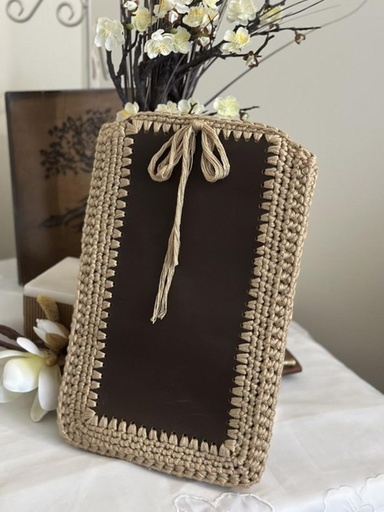 Beige Crochet Laptop Sleeve with Leather Accent and Tie Closure