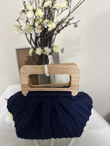 Navy Blue Handcrafted Crochet Bag with Wooden Handle
