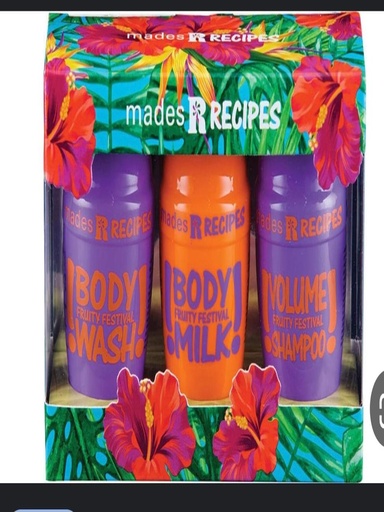 Three products for body and hair care with fruity scents.