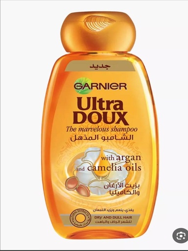 Garnier Ultra Doux exquisite shampoo with argan oil and camellia.
